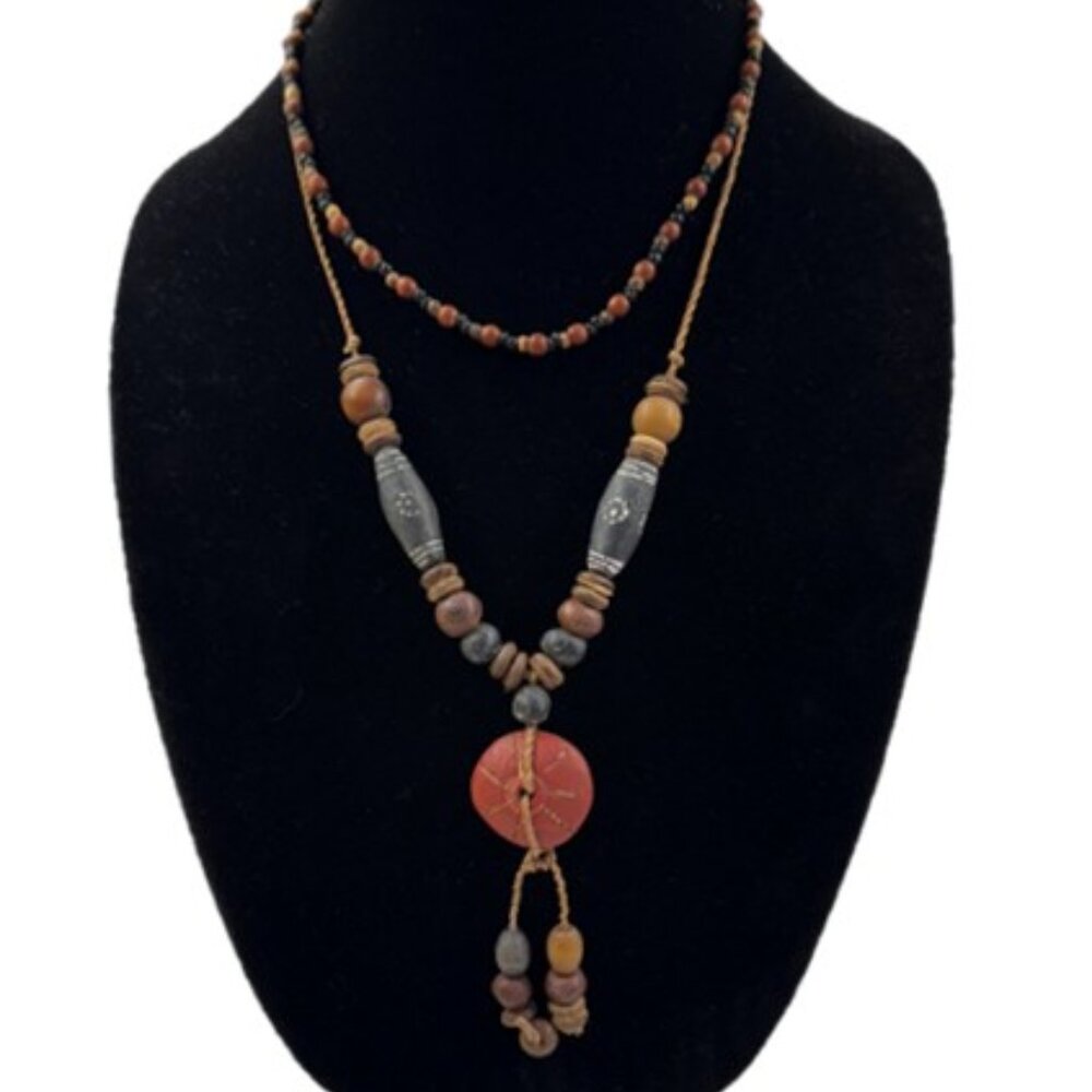 Two Tribal Boho Wooden Necklaces